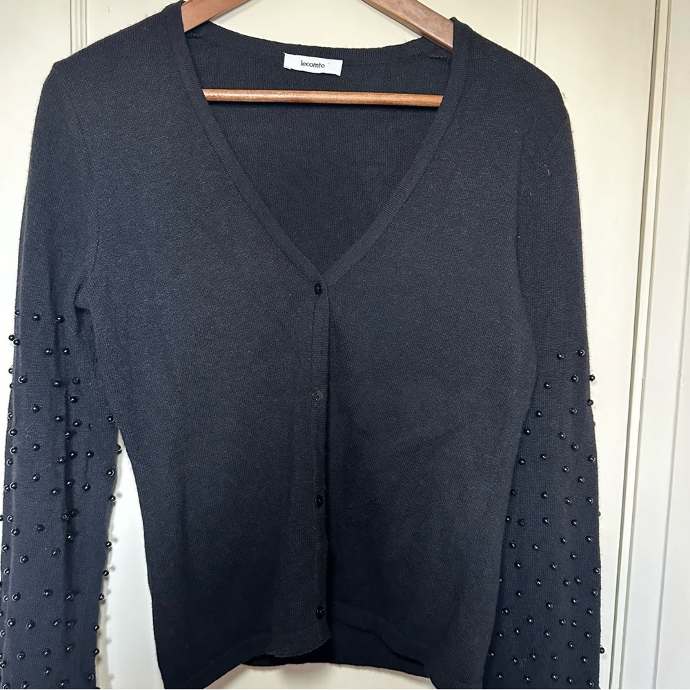 Lecomte Lambswool Blend V-neck Cardigan with Beaded Sleeves NWT